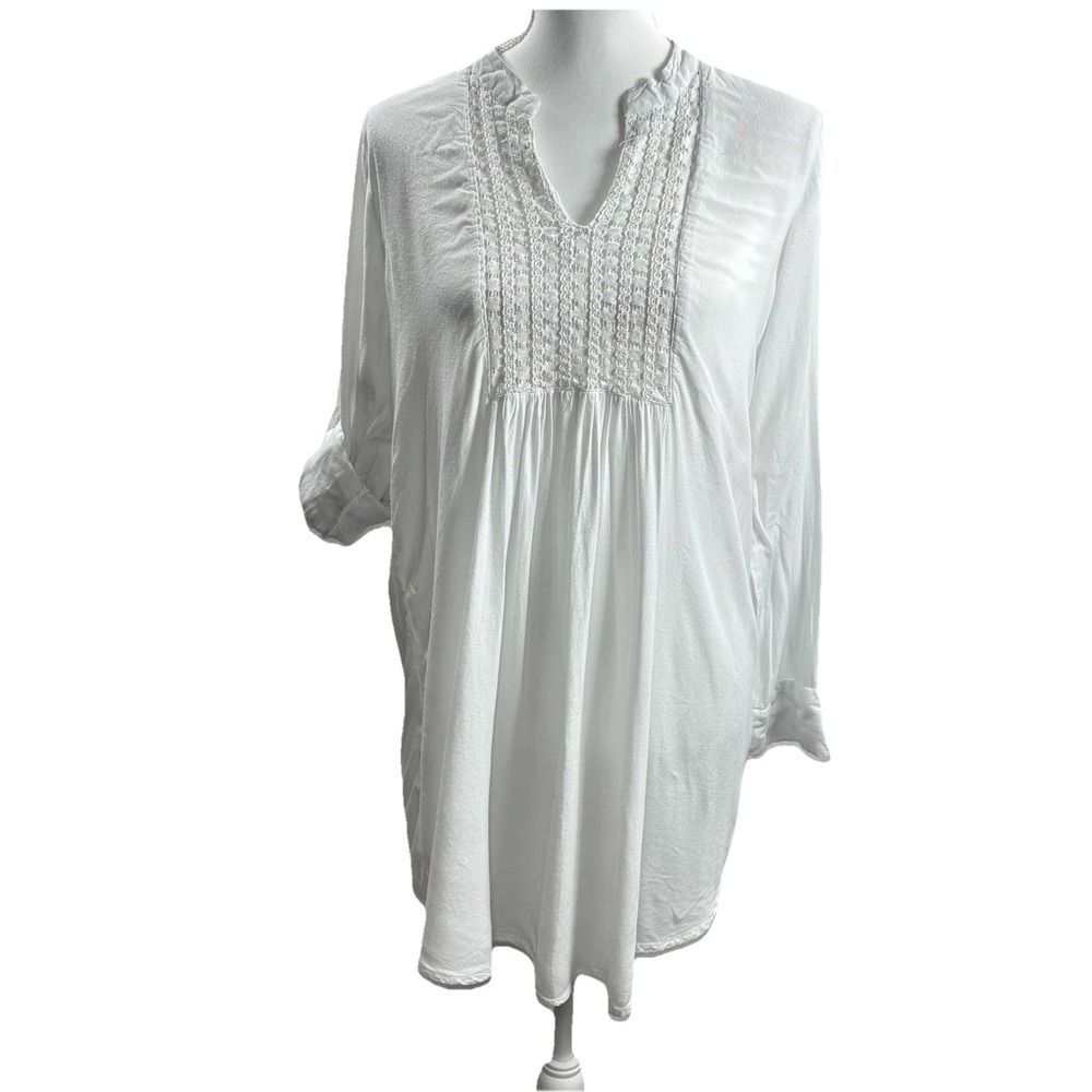 Venus White Flowy Popover Tunic Sz M Crochet‎ Roll Tab Beach Resort Wear Cotton